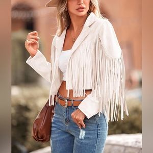 Saints & Hearts Faux Suede Boutique Cropped Western Fringe Ivory Soft Jacket M